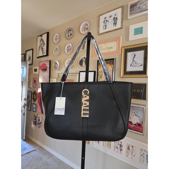 Cavalli Class Black Alessandra Tote Bag Gold Logo NEW - Picture 2 of 4